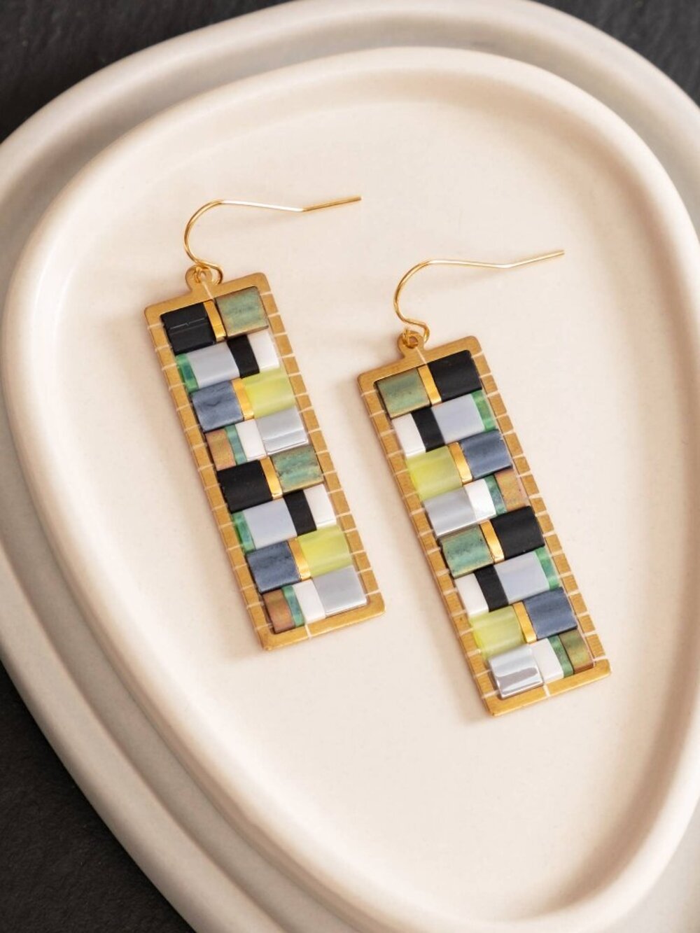 NWT Japanese Miyuki Tila beads Handwoven Mosaic Brass Earrings Green & Grey